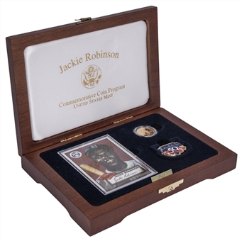 1997 Jackie Robinson Commemorative $5 Proof Gold Coin with Commemorative Robinson Card, 50th Anniversary Pin/Patch, and Presentation Box